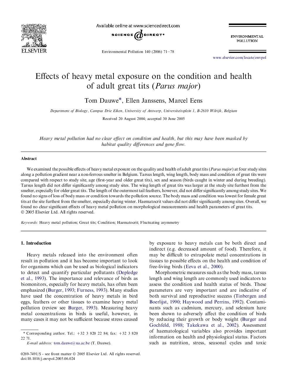 Effects of heavy metal exposure on the condition and health of adult great tits (Parus major)