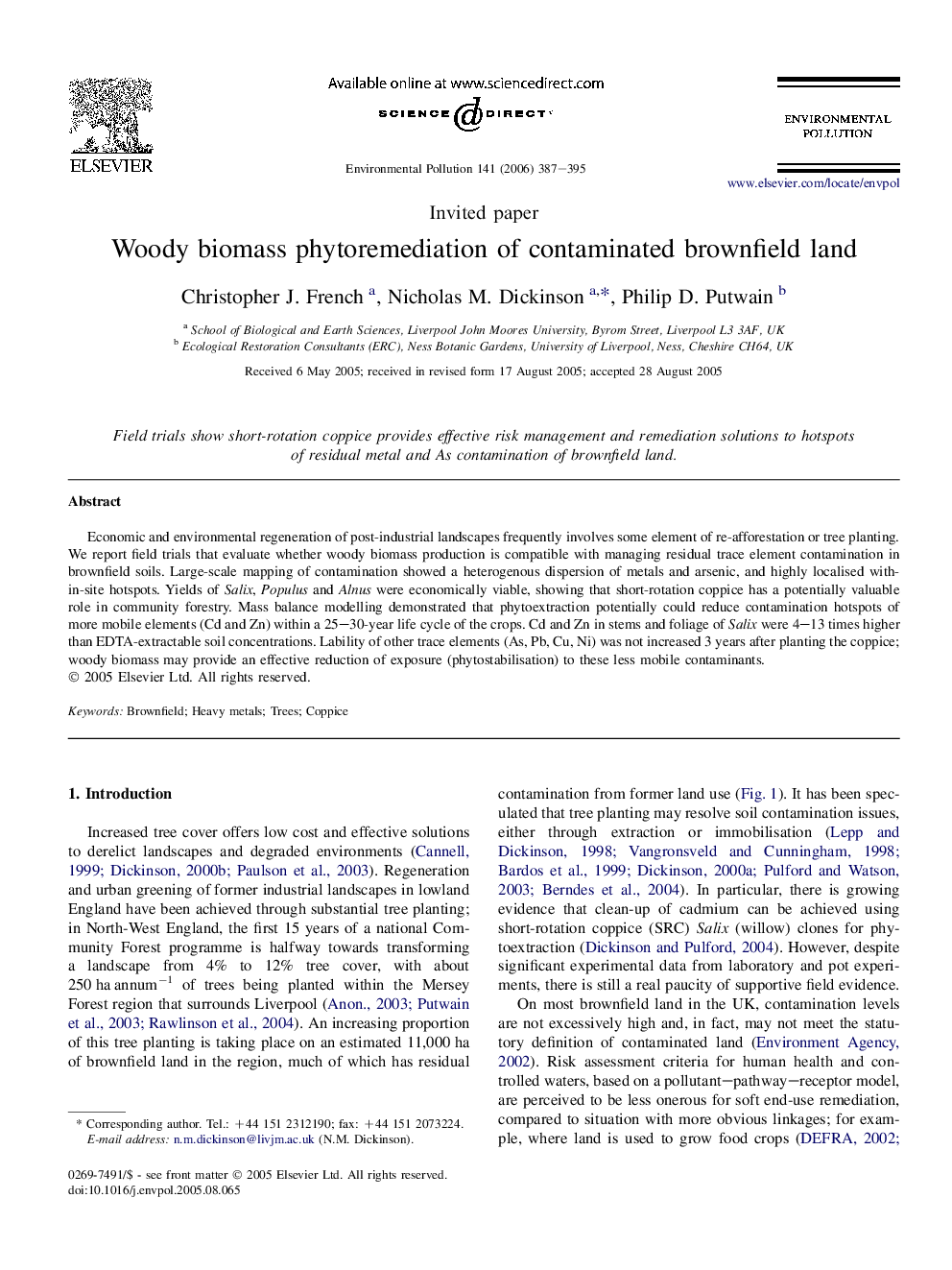 Woody biomass phytoremediation of contaminated brownfield land