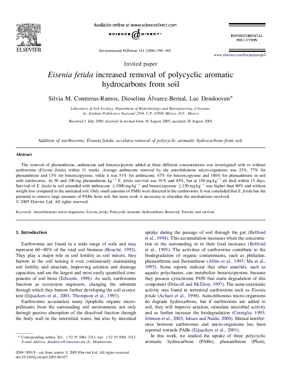 Eisenia fetida increased removal of polycyclic aromatic hydrocarbons from soil