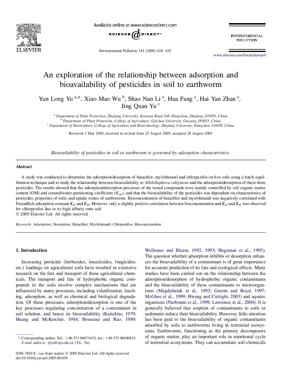 An exploration of the relationship between adsorption and bioavailability of pesticides in soil to earthworm