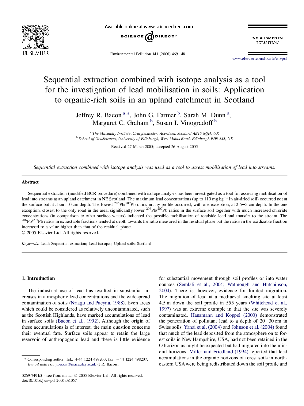 Sequential extraction combined with isotope analysis as a tool for the investigation of lead mobilisation in soils: Application to organic-rich soils in an upland catchment in Scotland