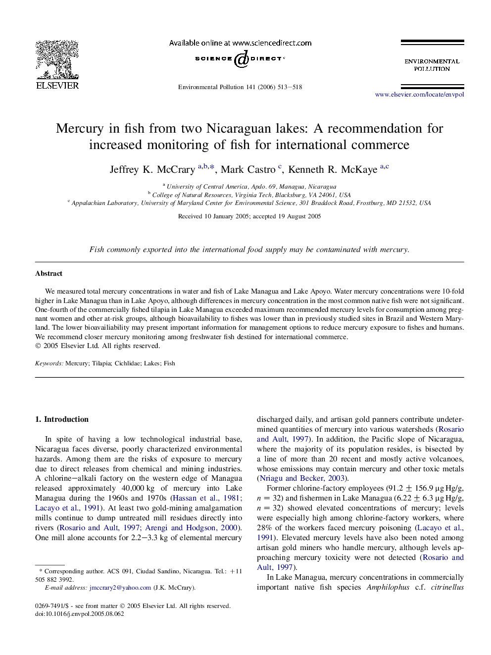 عکس صفحه اول مقاله: Mercury in fish from two Nicaraguan lakes: A recommendation for increased monitoring of fish for international commerce Mercury in fish from two Nicaraguan lakes: A recommendation for increased monitoring of fish for international commerce