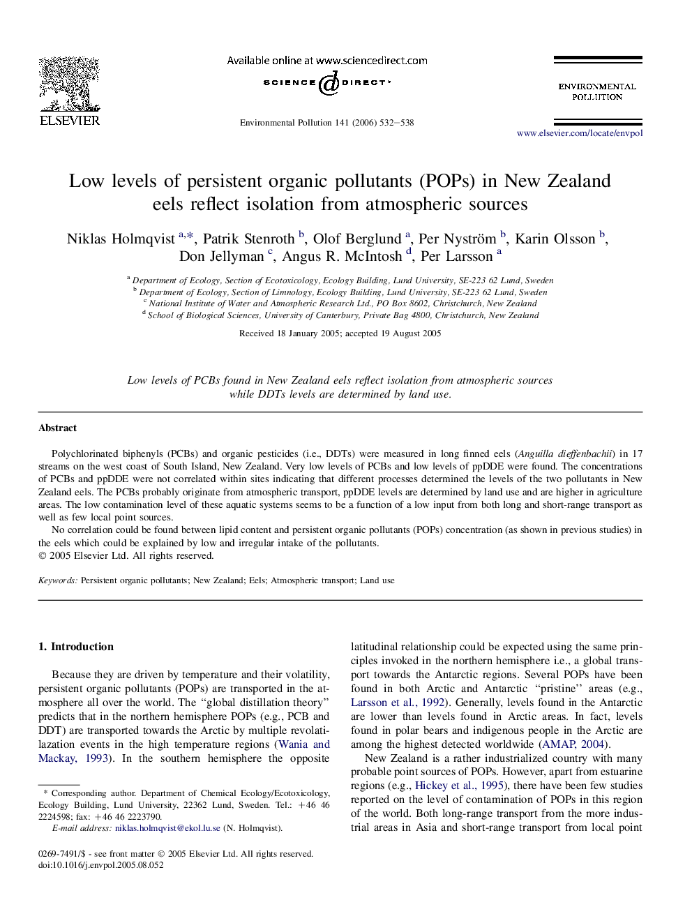 Low levels of persistent organic pollutants (POPs) in New Zealand eels reflect isolation from atmospheric sources