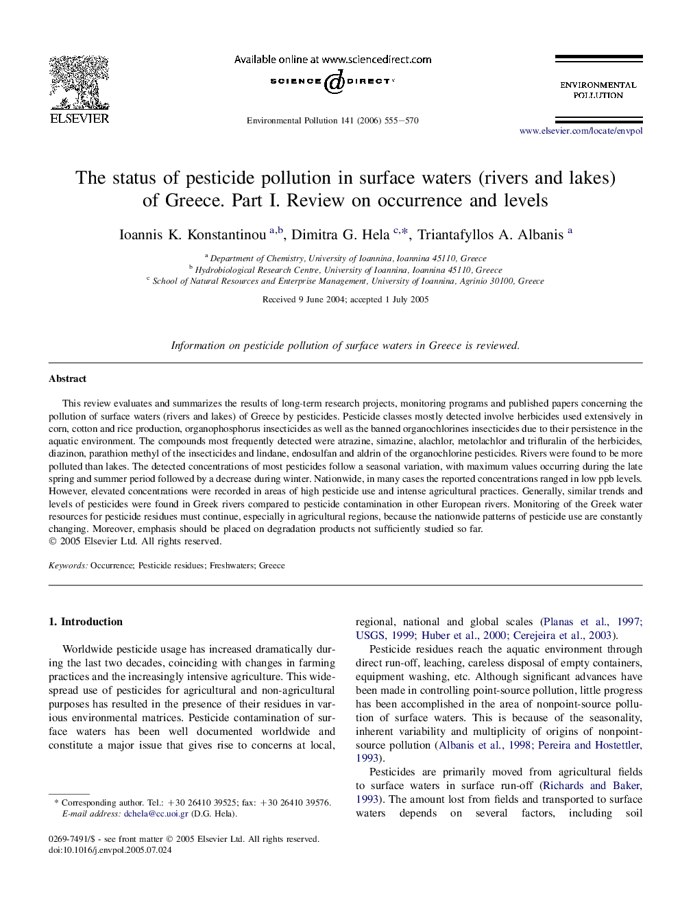 The status of pesticide pollution in surface waters (rivers and lakes) of Greece. Part I. Review on occurrence and levels