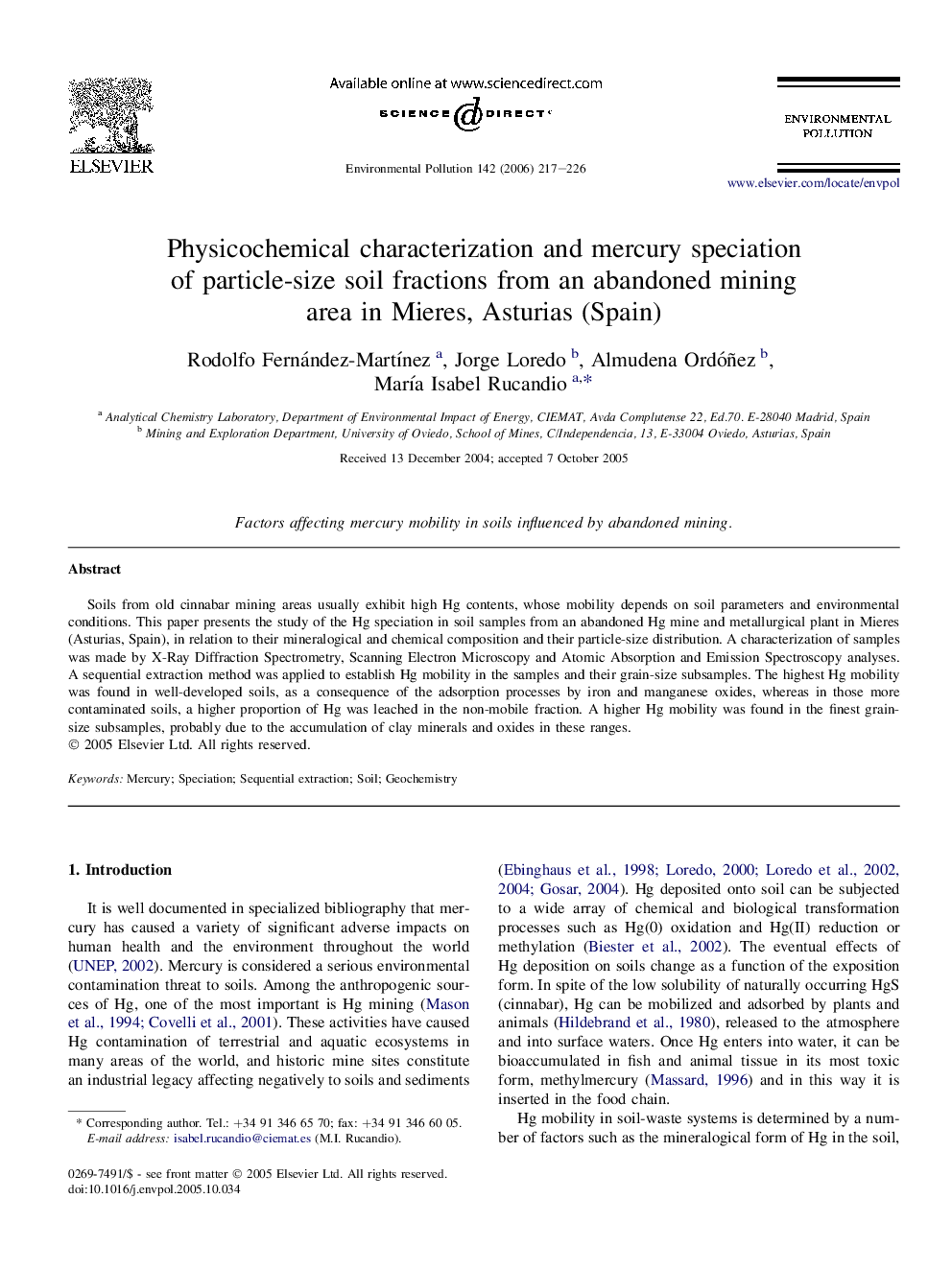 Physicochemical characterization and mercury speciation of particle-size soil fractions from an abandoned mining area in Mieres, Asturias (Spain)