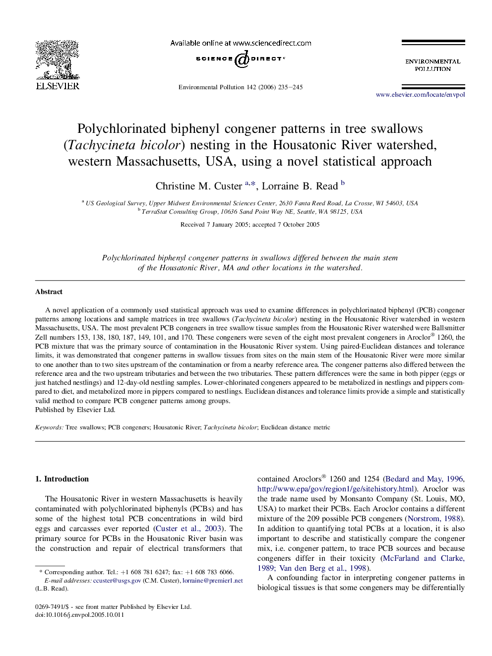 Polychlorinated biphenyl congener patterns in tree swallows (Tachycineta bicolor) nesting in the Housatonic River watershed, western Massachusetts, USA, using a novel statistical approach