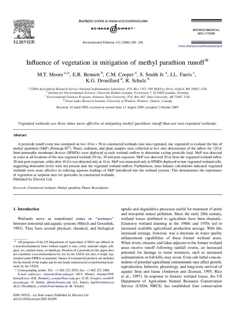 Influence of vegetation in mitigation of methyl parathion runoff 