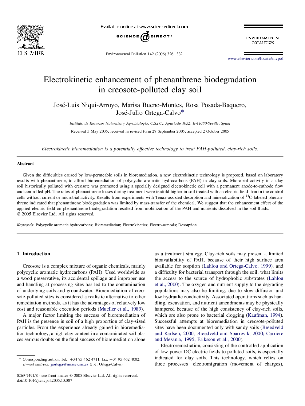 Electrokinetic enhancement of phenanthrene biodegradation in creosote-polluted clay soil