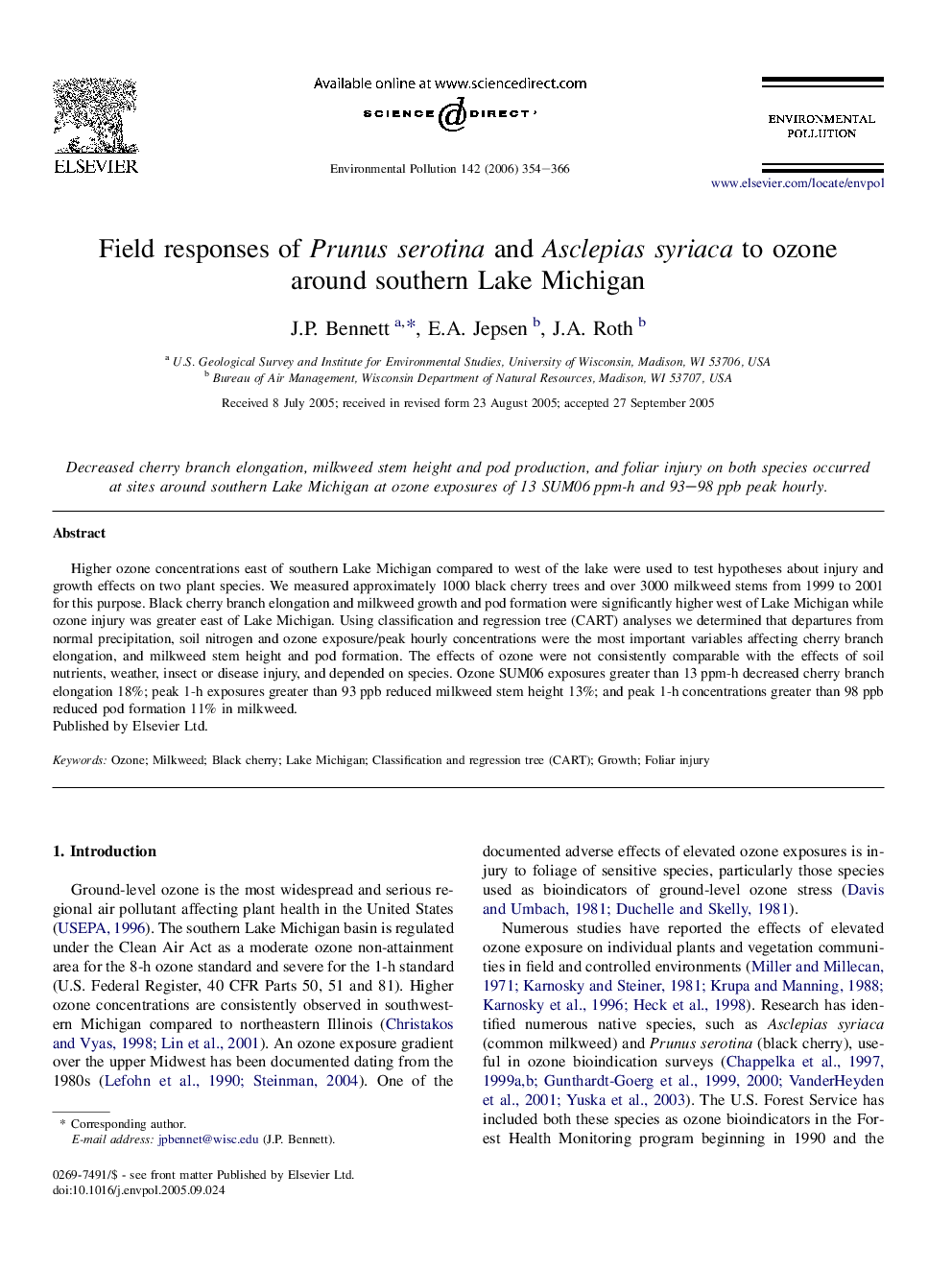 Field responses of Prunus serotina and Asclepias syriaca to ozone around southern Lake Michigan