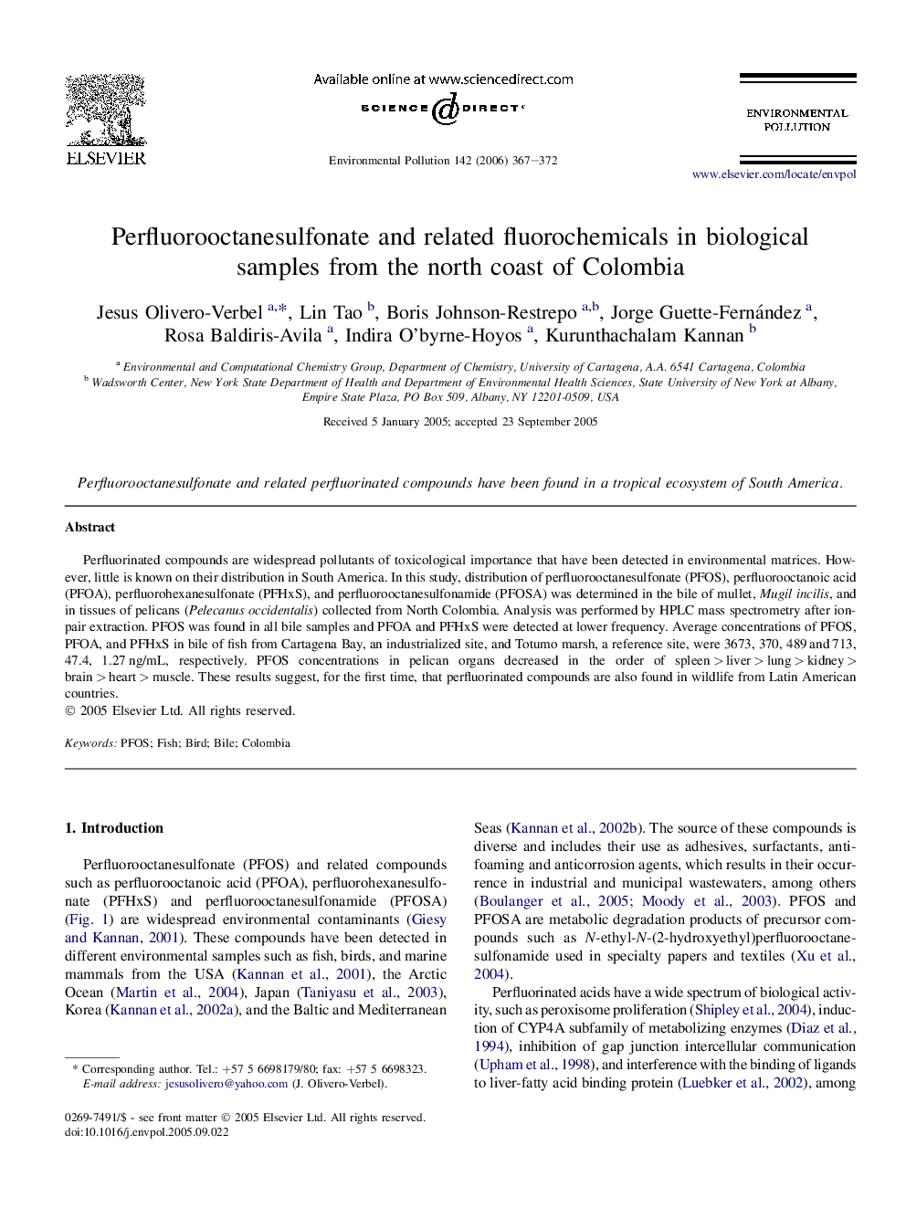 Perfluorooctanesulfonate and related fluorochemicals in biological samples from the north coast of Colombia