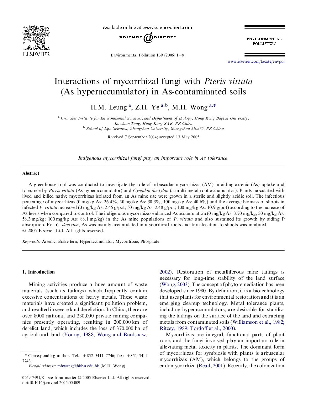 Interactions of mycorrhizal fungi with Pteris vittata (As hyperaccumulator) in As-contaminated soils