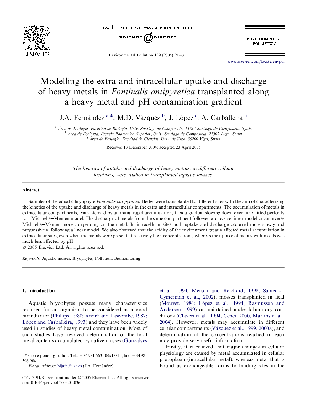 Modelling the extra and intracellular uptake and discharge of heavy metals in Fontinalis antipyretica transplanted along a heavy metal and pH contamination gradient