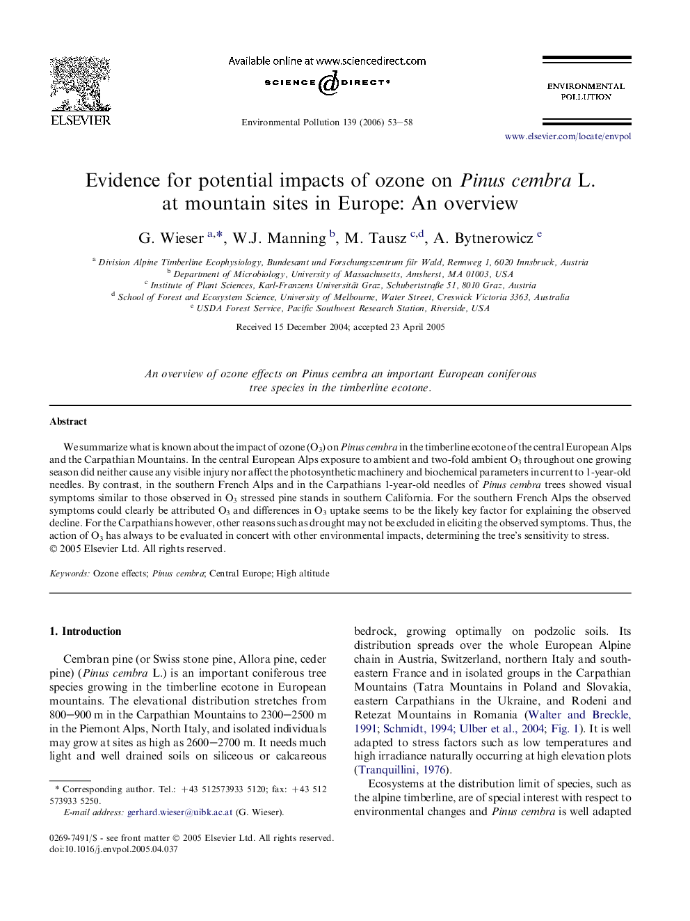 عکس صفحه اول مقاله: Evidence for potential impacts of ozone on Pinus cembra L. at mountain sites in Europe: An overview Evidence for potential impacts of ozone on Pinus cembra L. at mountain sites in Europe: An overview