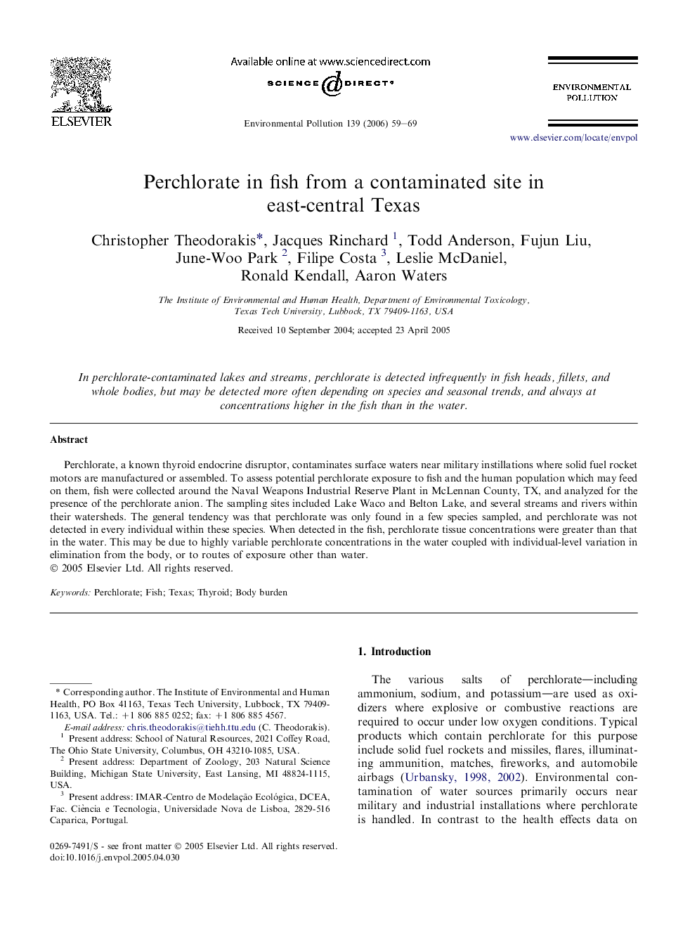 Perchlorate in fish from a contaminated site in east-central Texas