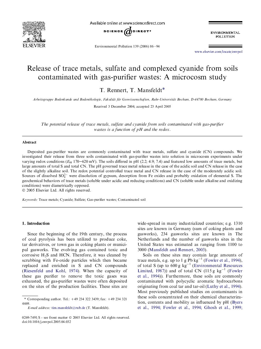 Release of trace metals, sulfate and complexed cyanide from soils contaminated with gas-purifier wastes: A microcosm study