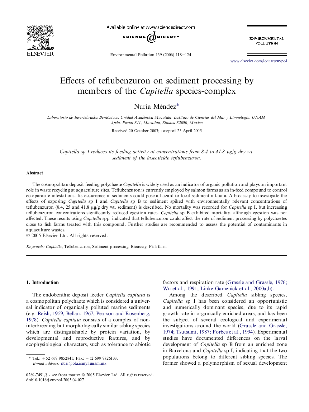 Effects of teflubenzuron on sediment processing by members of the Capitella species-complex