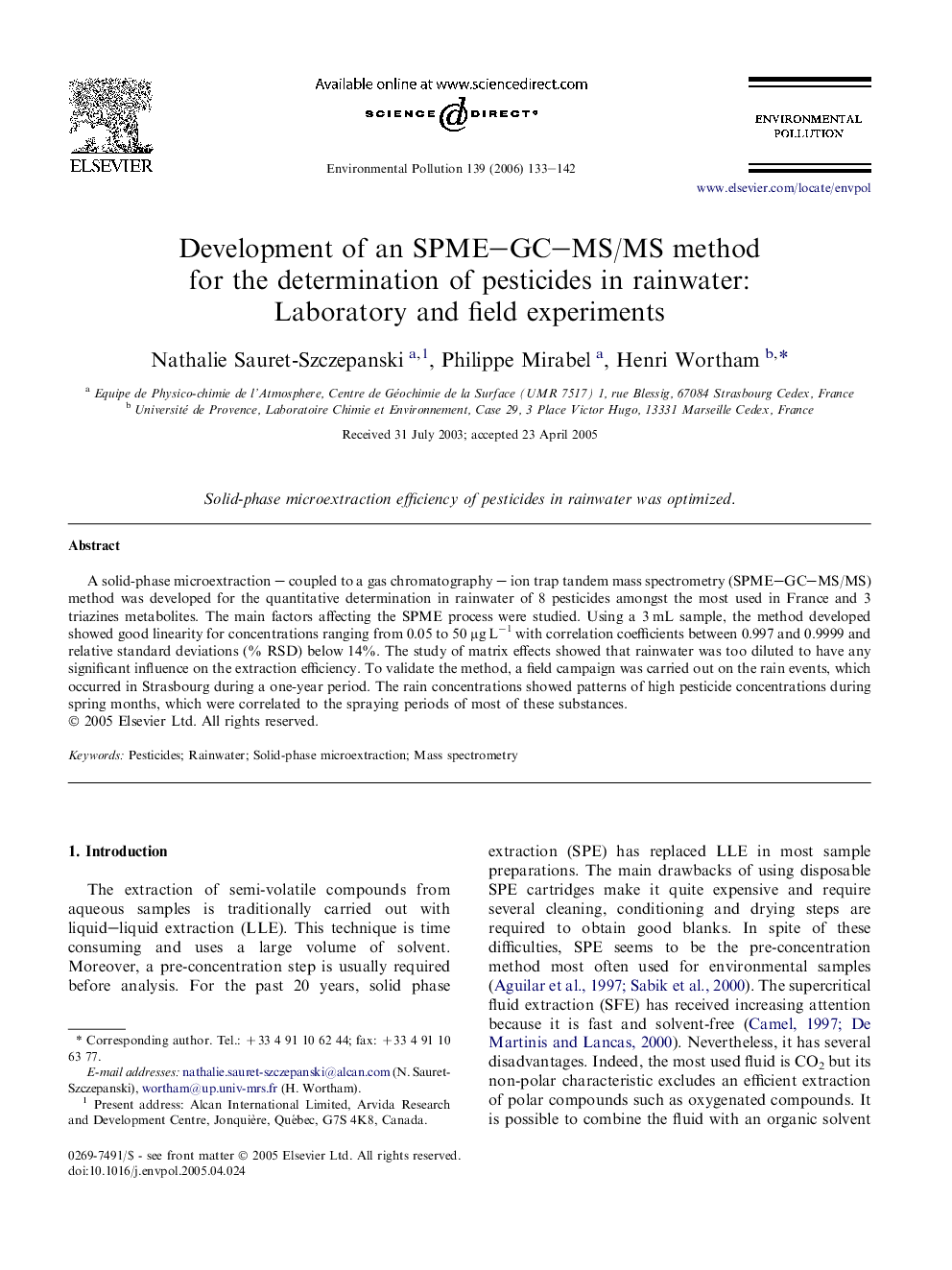 Development of an SPME–GC–MS/MS method for the determination of pesticides in rainwater: Laboratory and field experiments