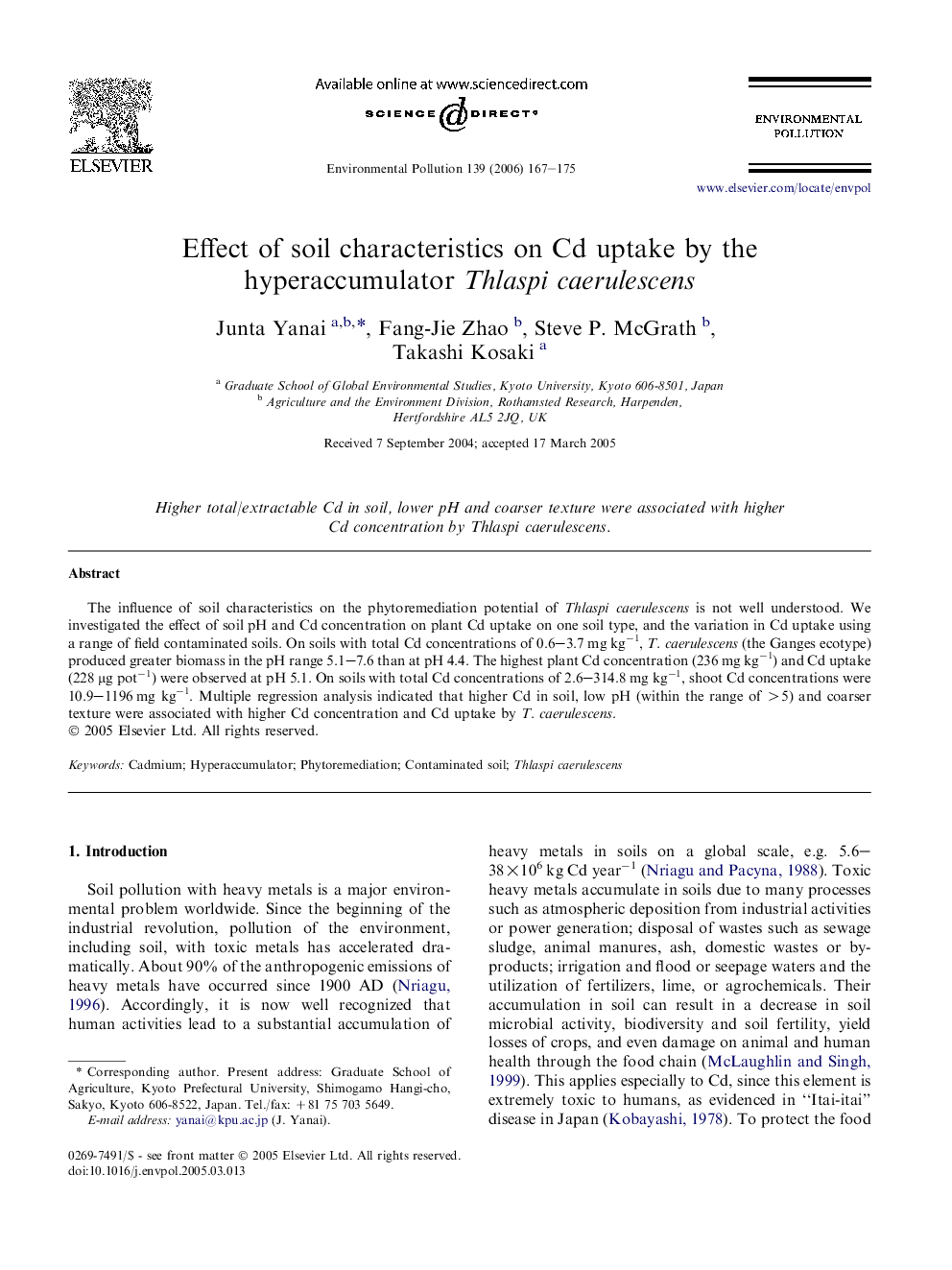 Effect of soil characteristics on Cd uptake by the hyperaccumulator Thlaspi caerulescens