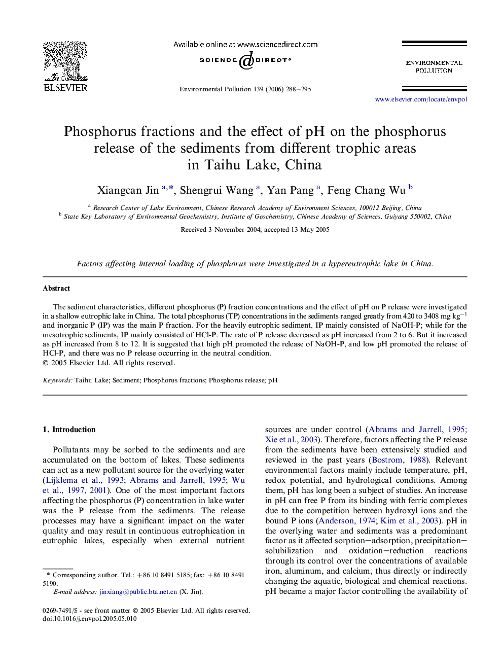 عکس صفحه اول مقاله: Phosphorus fractions and the effect of pH on the phosphorus release of the sediments from different trophic areas in Taihu Lake, China Phosphorus fractions and the effect of pH on the phosphorus release of the sediments from different trophic areas in Taihu Lake, China