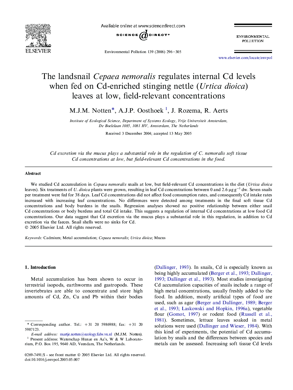 The landsnail Cepaea nemoralis regulates internal Cd levels when fed on Cd-enriched stinging nettle (Urtica dioica) leaves at low, field-relevant concentrations