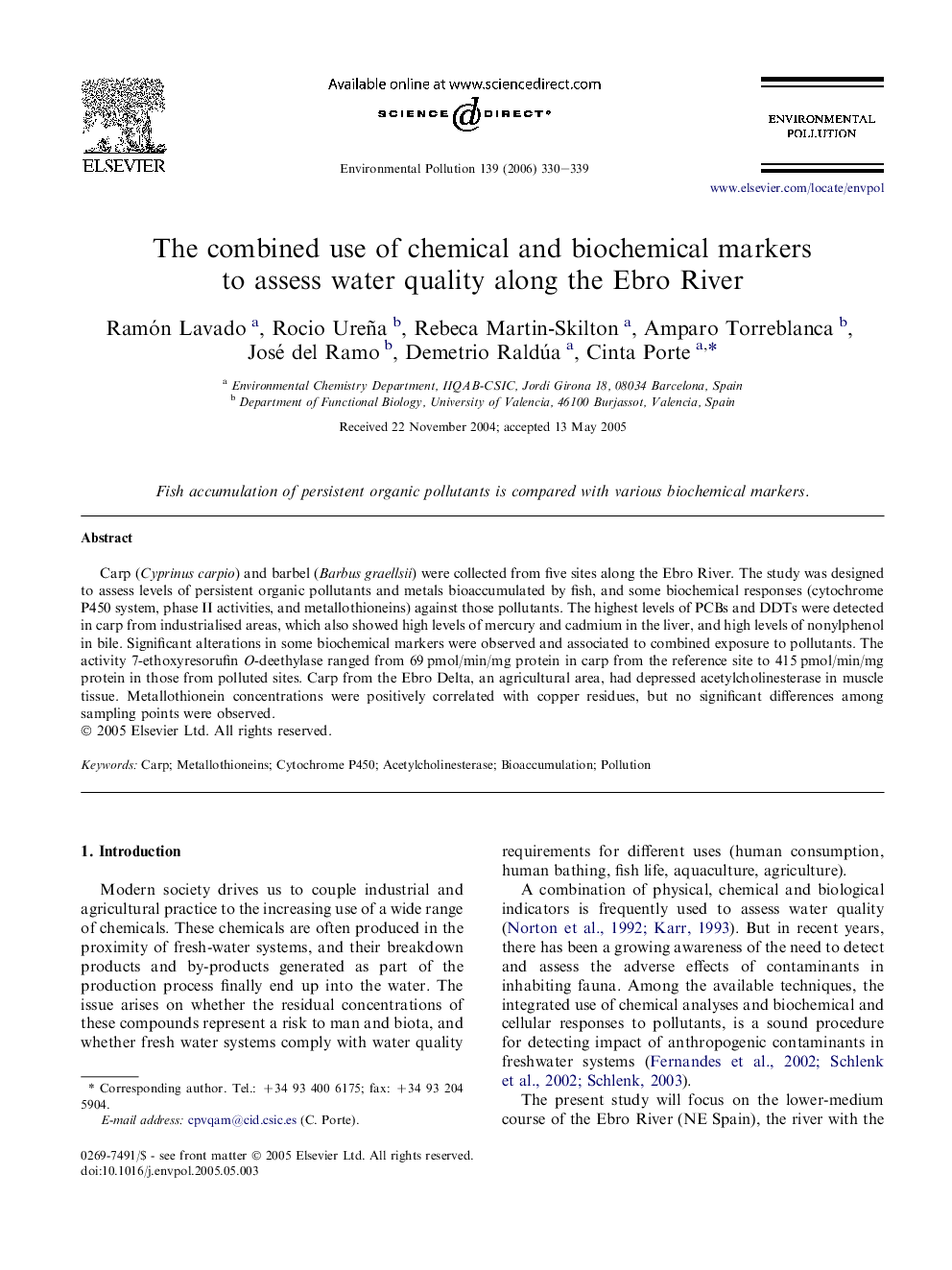 The combined use of chemical and biochemical markers to assess water quality along the Ebro River