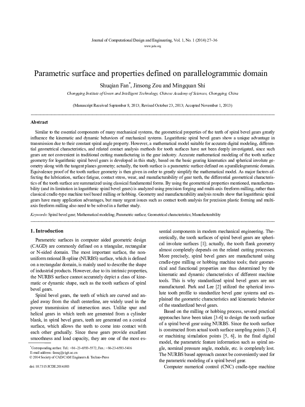 Parametric surface and properties defined on parallelogrammic domain