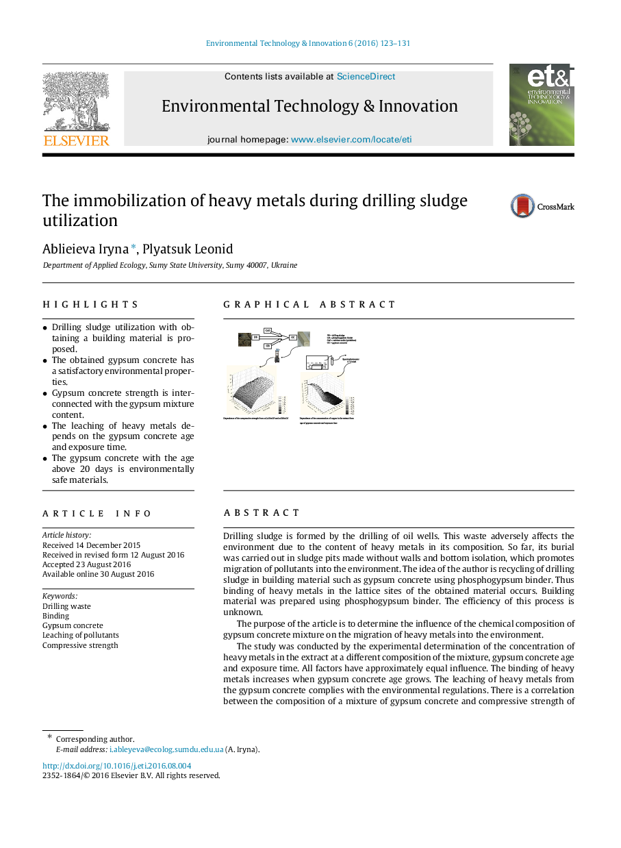 The immobilization of heavy metals during drilling sludge utilization