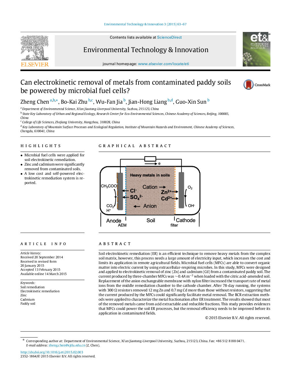 Can electrokinetic removal of metals from contaminated paddy soils be powered by microbial fuel cells?