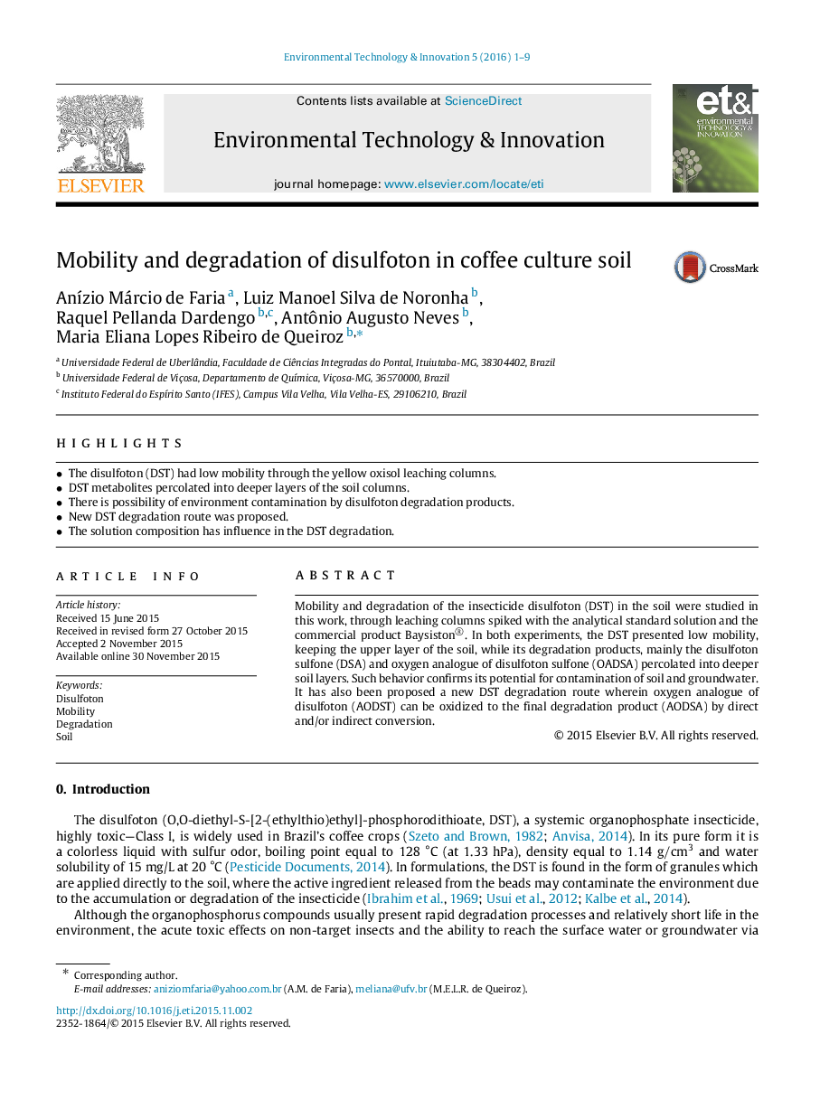 Mobility and degradation of disulfoton in coffee culture soil