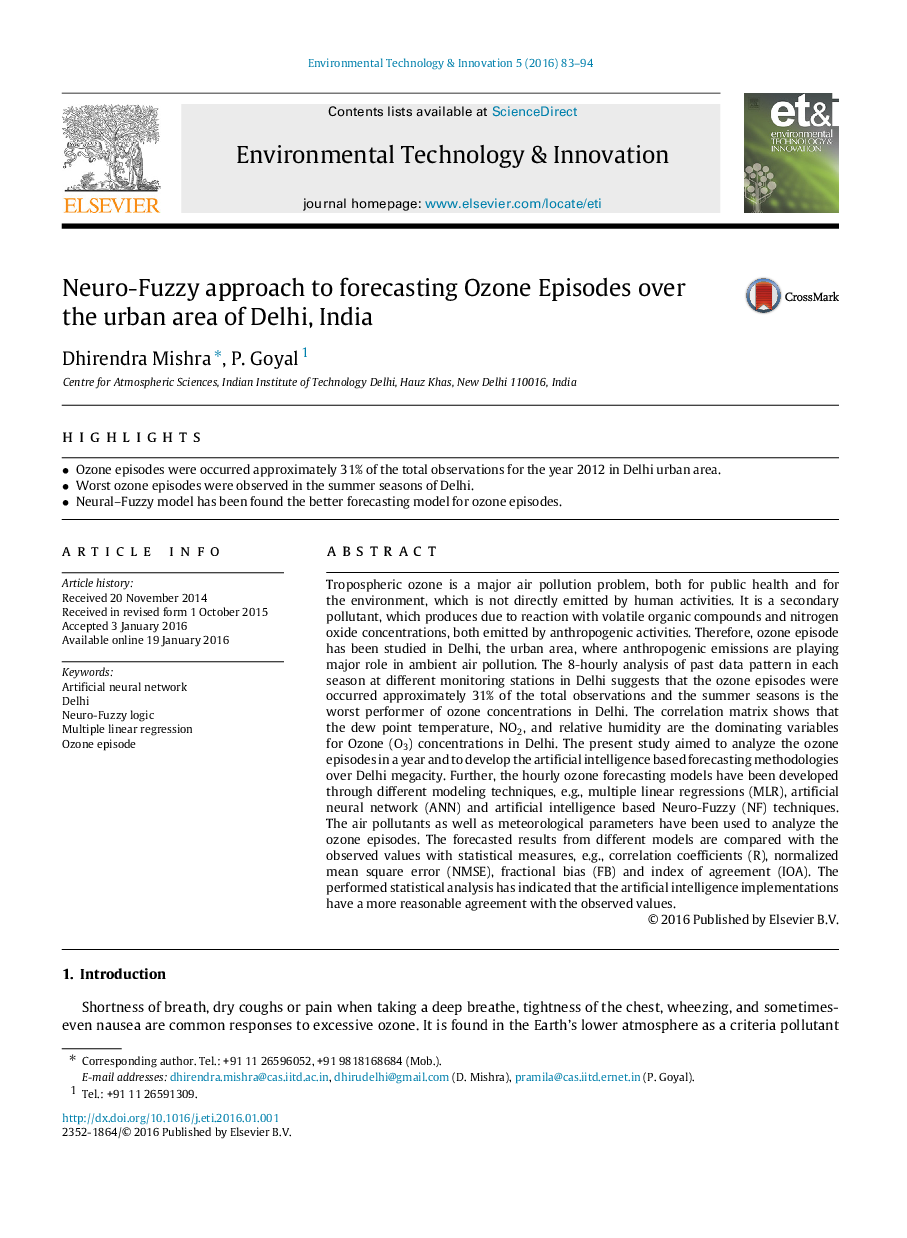 Neuro-Fuzzy approach to forecasting Ozone Episodes over the urban area of Delhi, India