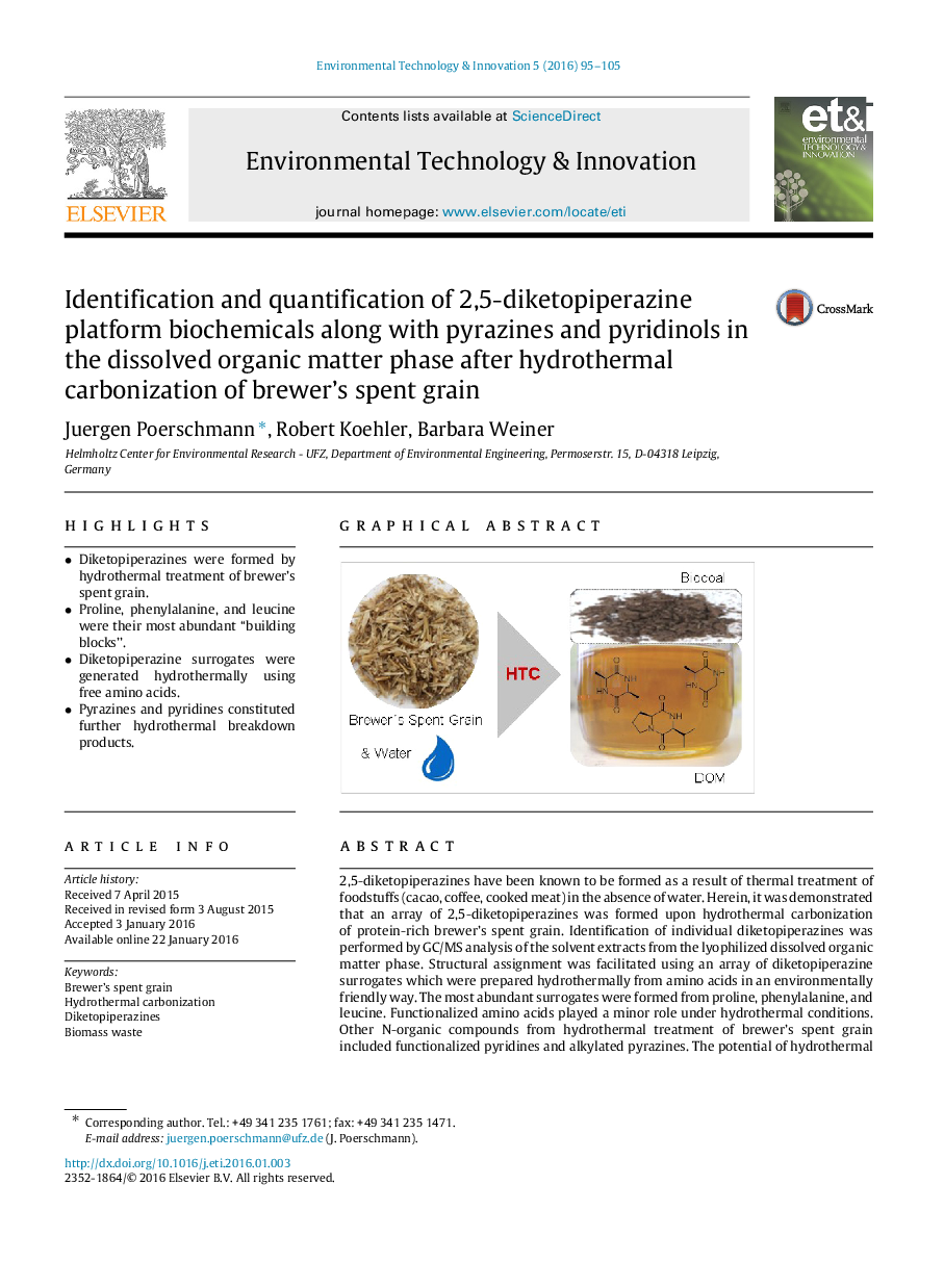 Identification and quantification of 2,5-diketopiperazine platform biochemicals along with pyrazines and pyridinols in the dissolved organic matter phase after hydrothermal carbonization of brewer's spent grain