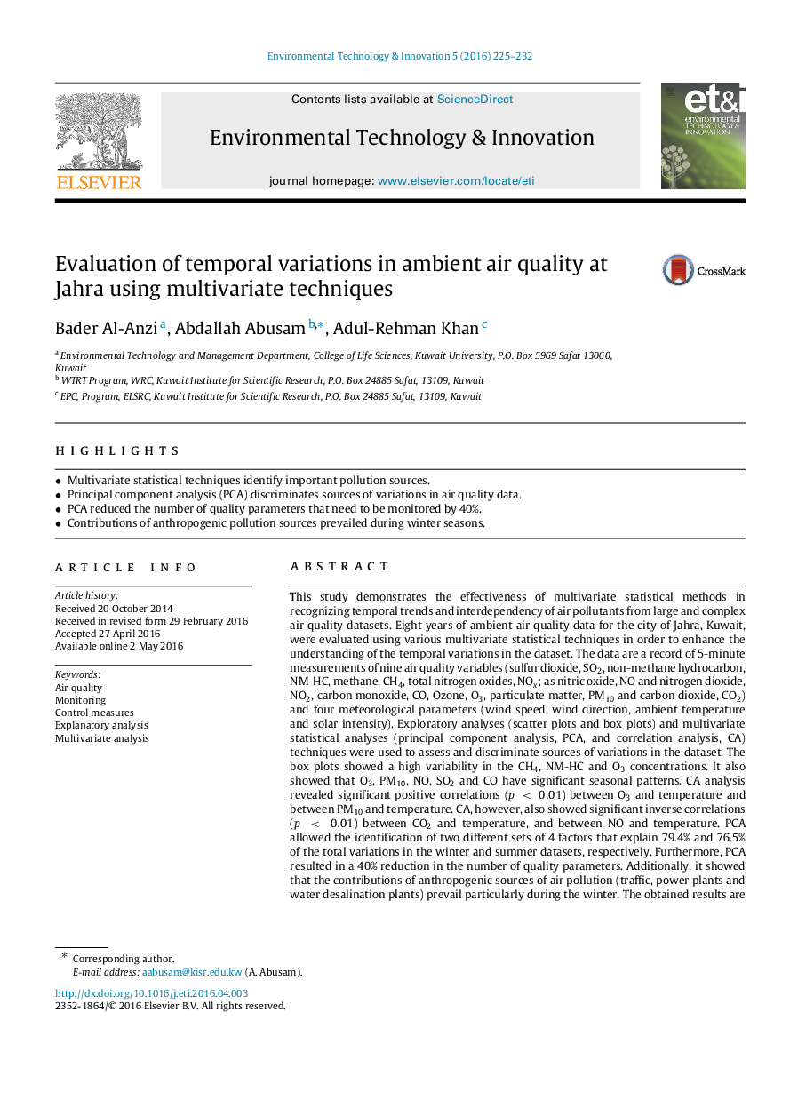 Evaluation of temporal variations in ambient air quality at Jahra using multivariate techniques