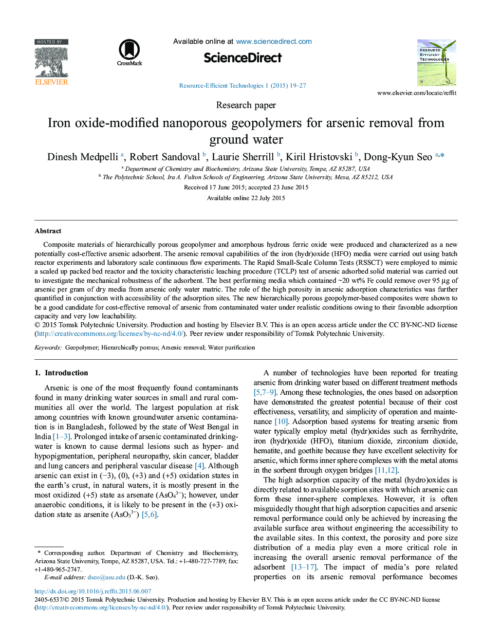 Iron oxide-modified nanoporous geopolymers for arsenic removal from ground water 