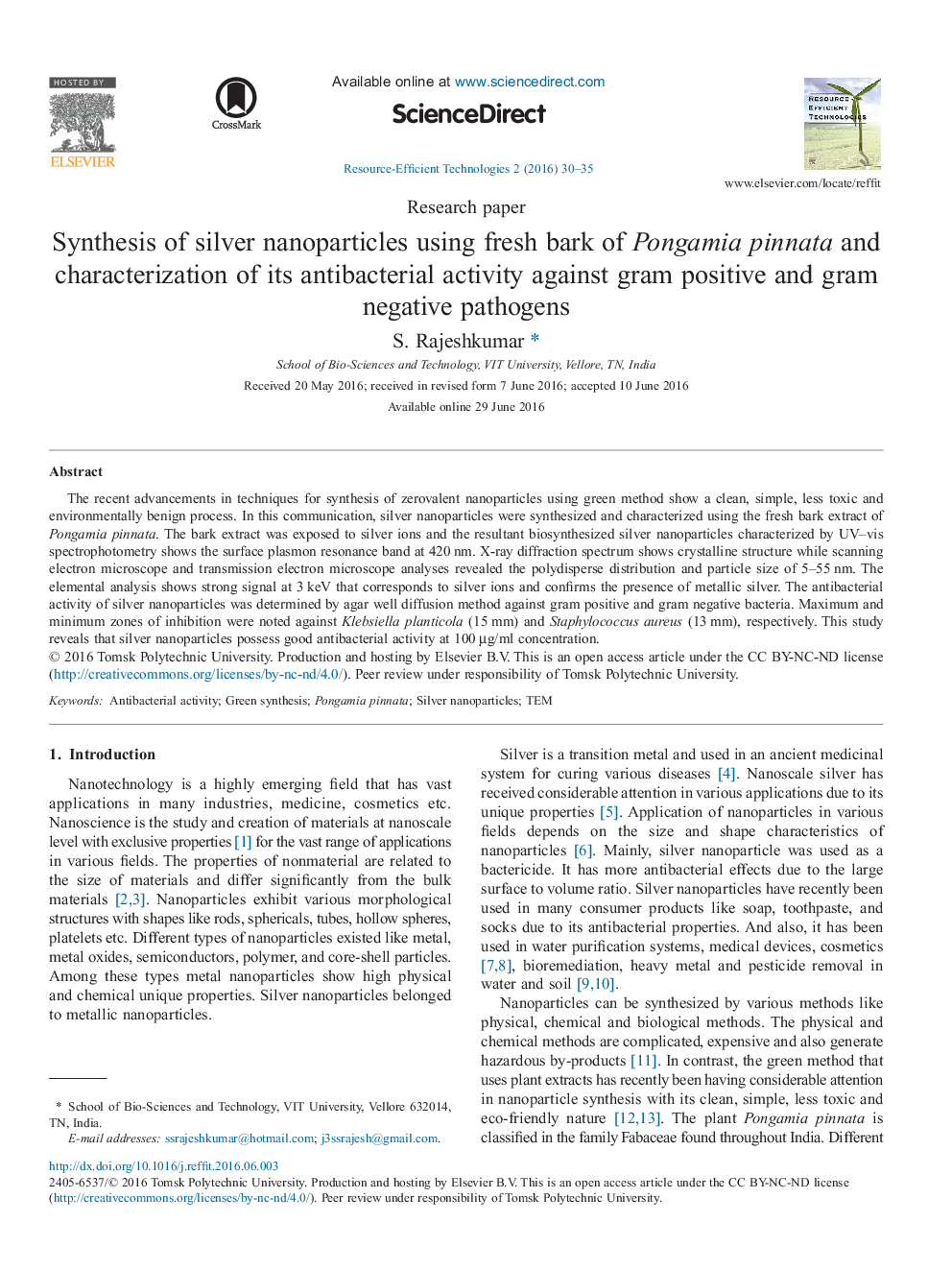 Synthesis of silver nanoparticles using fresh bark of Pongamia pinnata and characterization of its antibacterial activity against gram positive and gram negative pathogens 