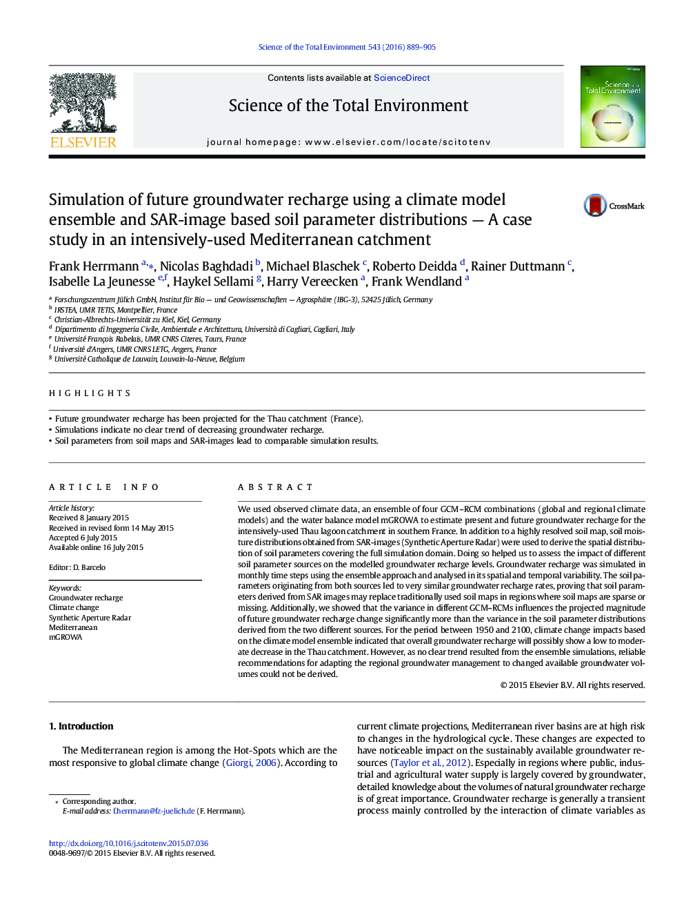 شبیه سازی تغذیه آب های زیرزمینی آینده با استفاده از یک گروه مدل آب و هوا و توزیع های پارامتر خاک مبتنی بر تصویر SAR ؛ مطالعه موردی در حوضه آبریز دریای مدیترانه به شدت مورد استفاده شده