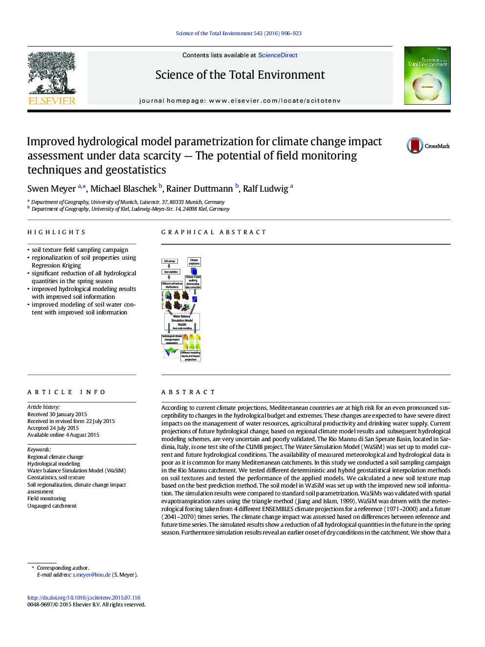 Improved hydrological model parametrization for climate change impact assessment under data scarcity — The potential of field monitoring techniques and geostatistics