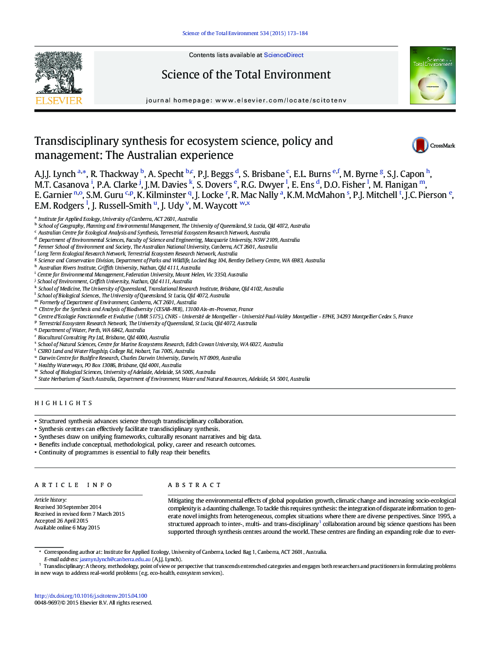 Transdisciplinary synthesis for ecosystem science, policy and management: The Australian experience