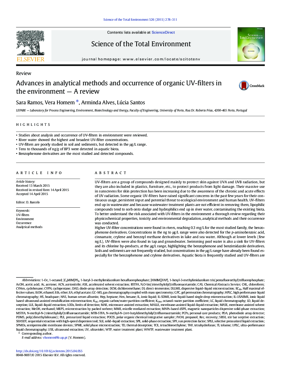 Advances in analytical methods and occurrence of organic UV-filters in the environment — A review