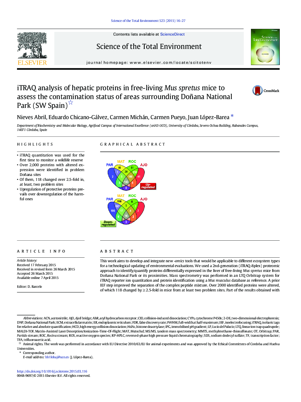 iTRAQ analysis of hepatic proteins in free-living Mus spretus mice to assess the contamination status of areas surrounding Doñana National Park (SW Spain) 