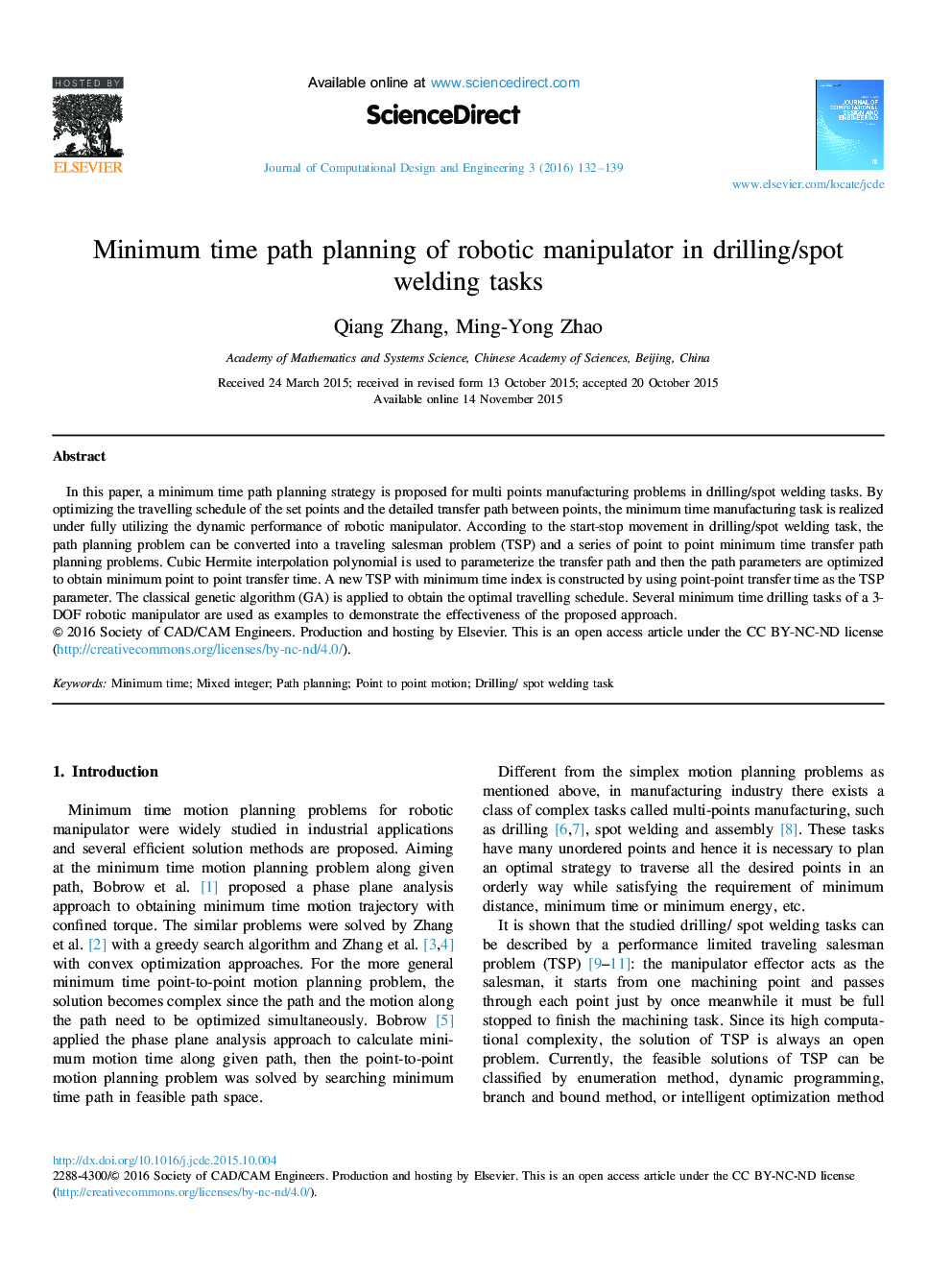 Minimum time path planning of robotic manipulator in drilling/spot welding tasks