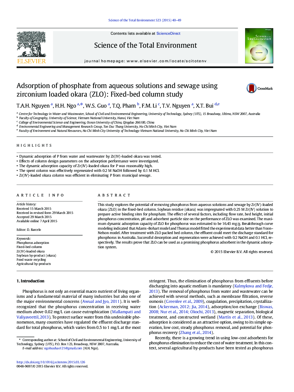 Adsorption of phosphate from aqueous solutions and sewage using zirconium loaded okara (ZLO): Fixed-bed column study