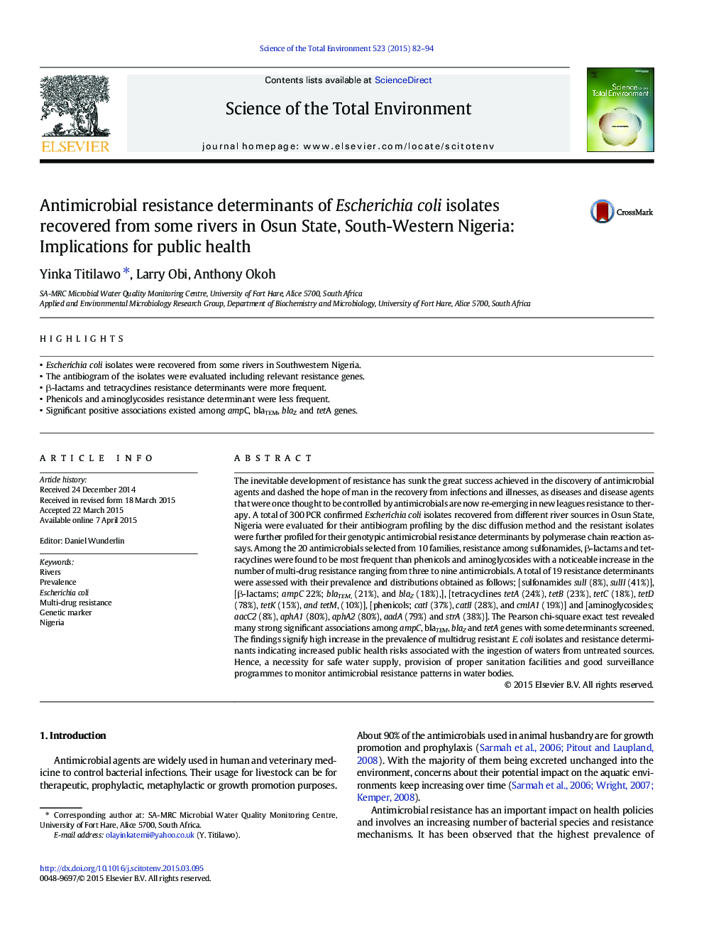 Antimicrobial resistance determinants of Escherichia coli isolates recovered from some rivers in Osun State, South-Western Nigeria: Implications for public health