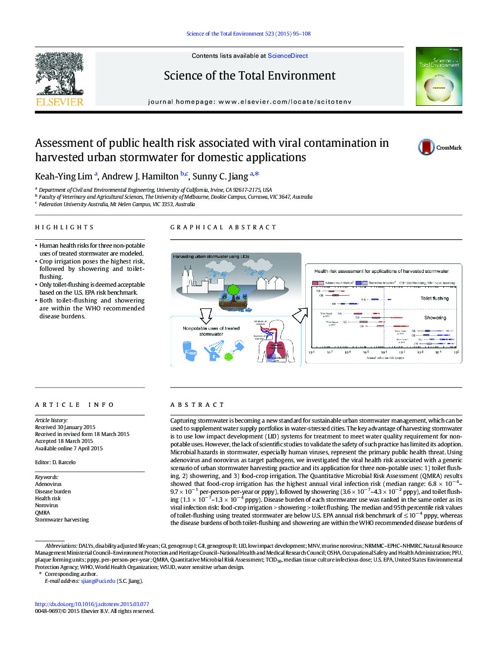 Assessment of public health risk associated with viral contamination in harvested urban stormwater for domestic applications