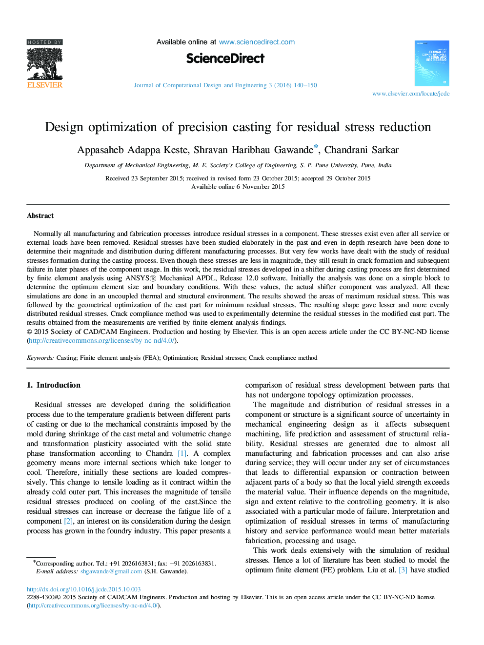 Design optimization of precision casting for residual stress reduction