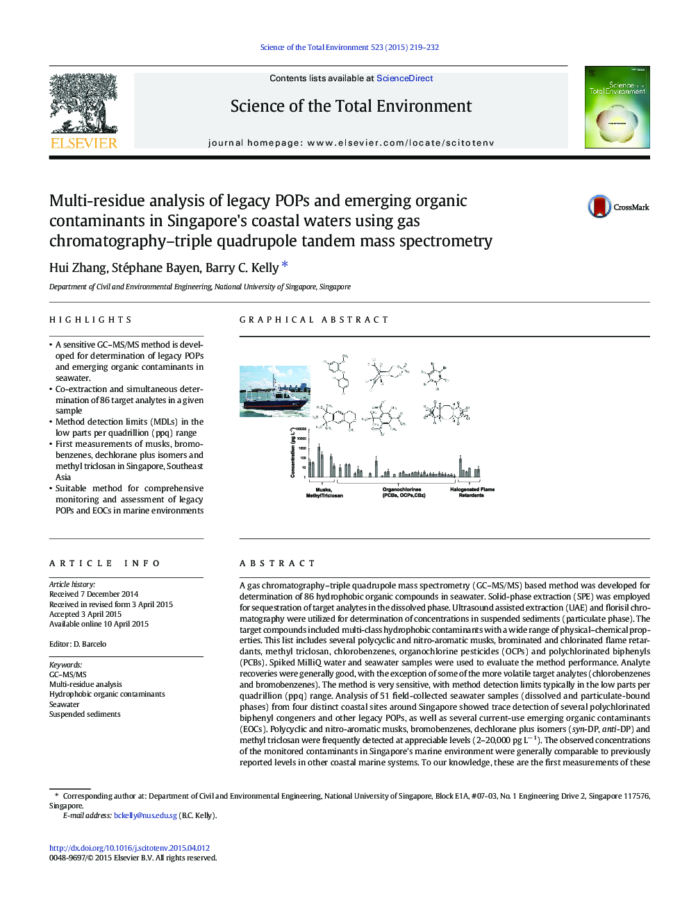 Multi-residue analysis of legacy POPs and emerging organic contaminants in Singapore's coastal waters using gas chromatography–triple quadrupole tandem mass spectrometry
