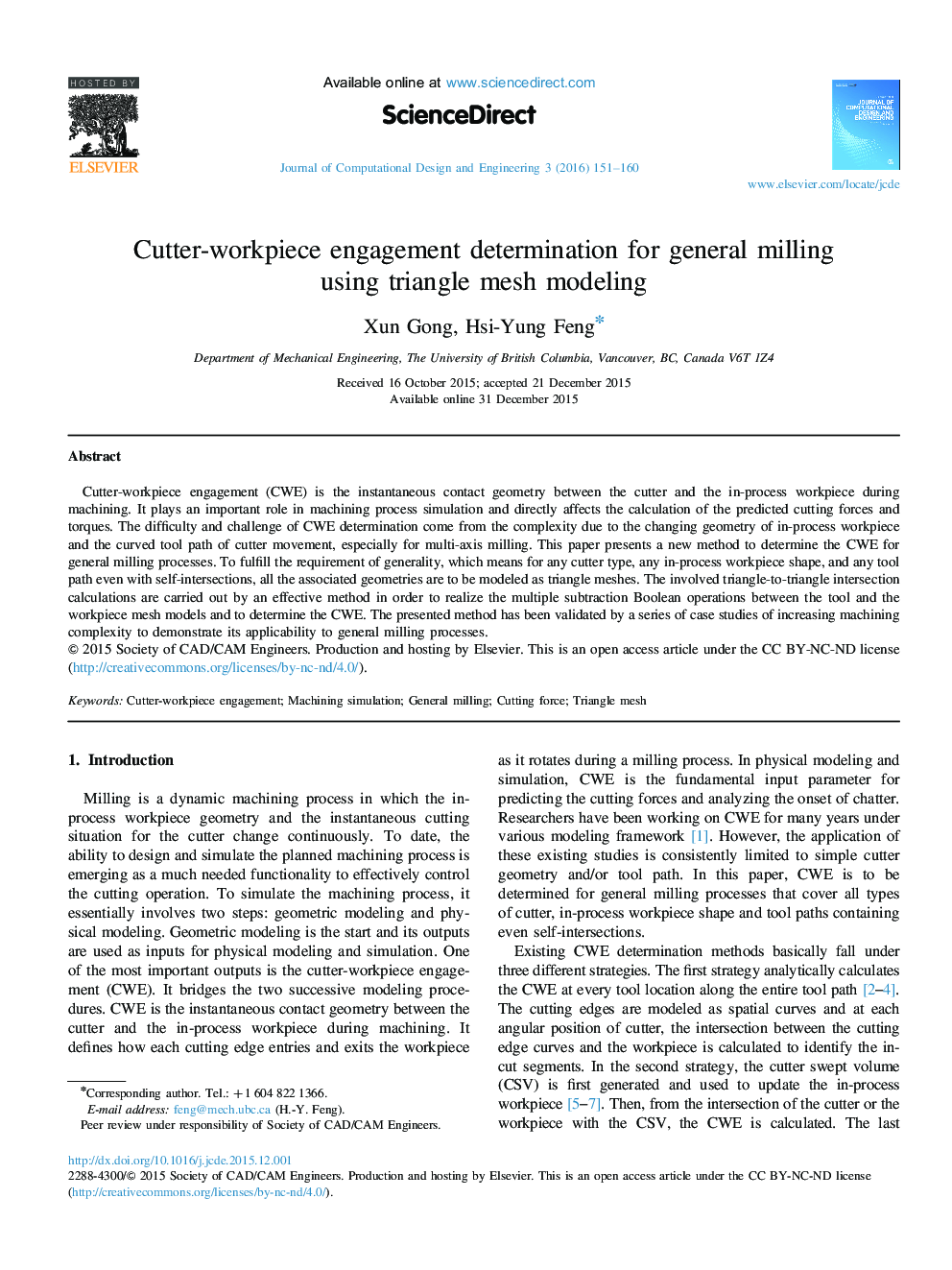 Cutter-workpiece engagement determination for general milling using triangle mesh modeling 