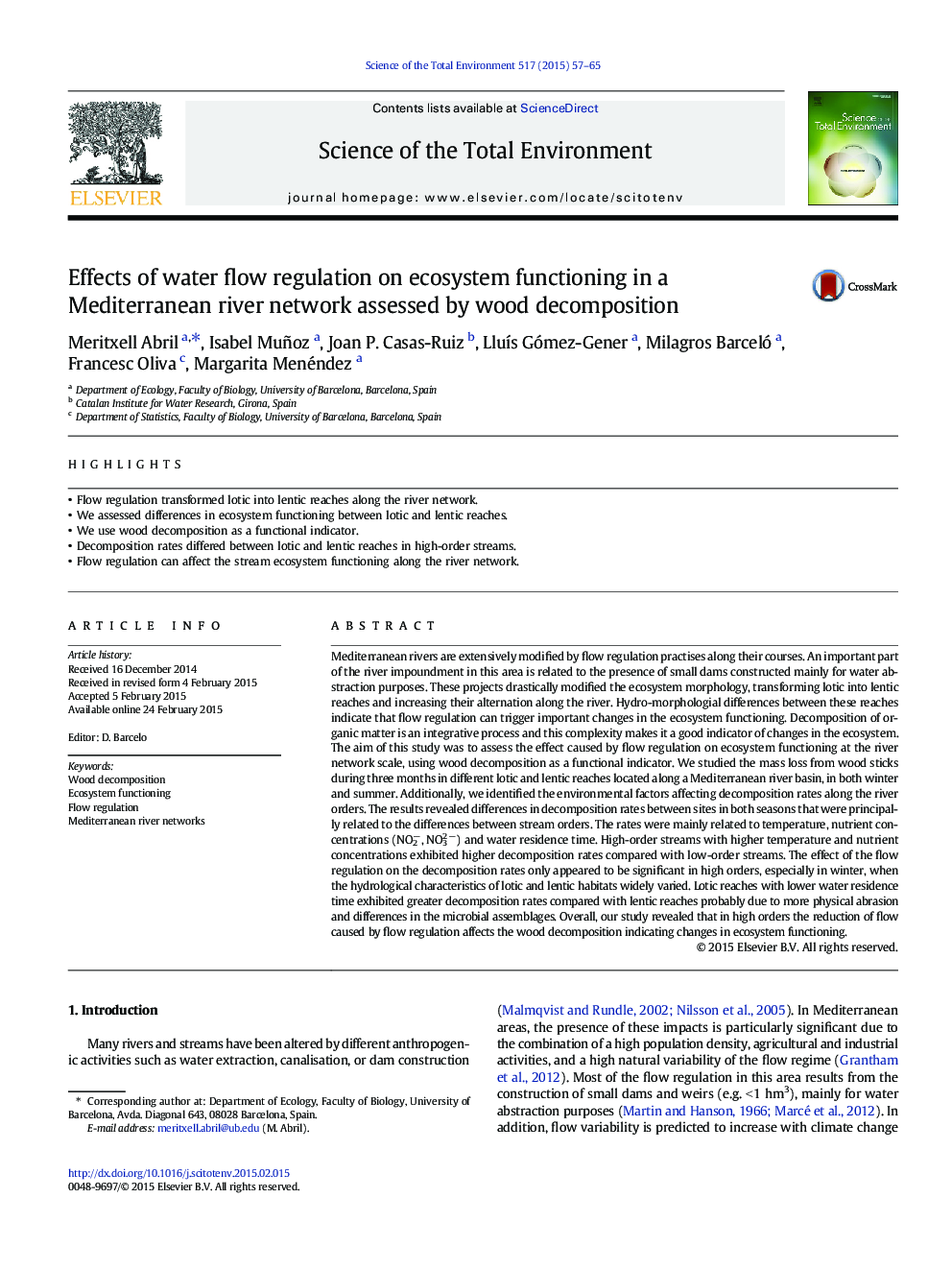 Effects of water flow regulation on ecosystem functioning in a Mediterranean river network assessed by wood decomposition