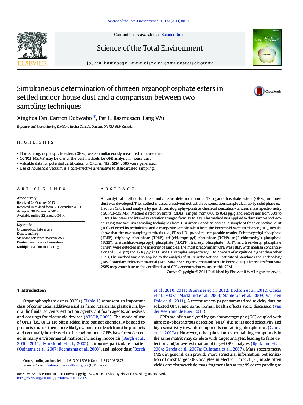 Simultaneous determination of thirteen organophosphate esters in settled indoor house dust and a comparison between two sampling techniques