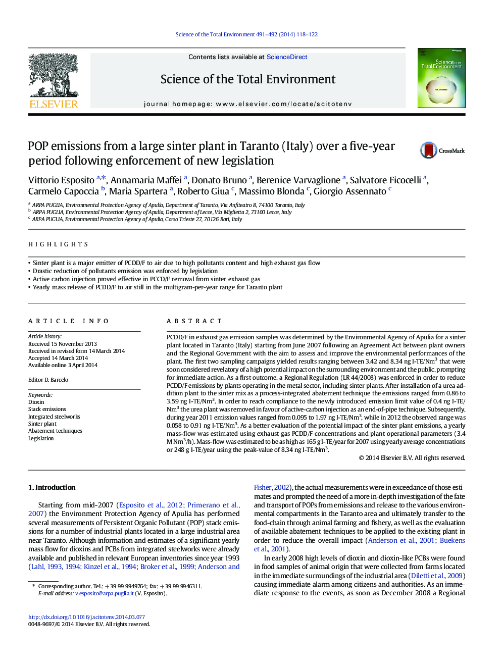 POP emissions from a large sinter plant in Taranto (Italy) over a five-year period following enforcement of new legislation