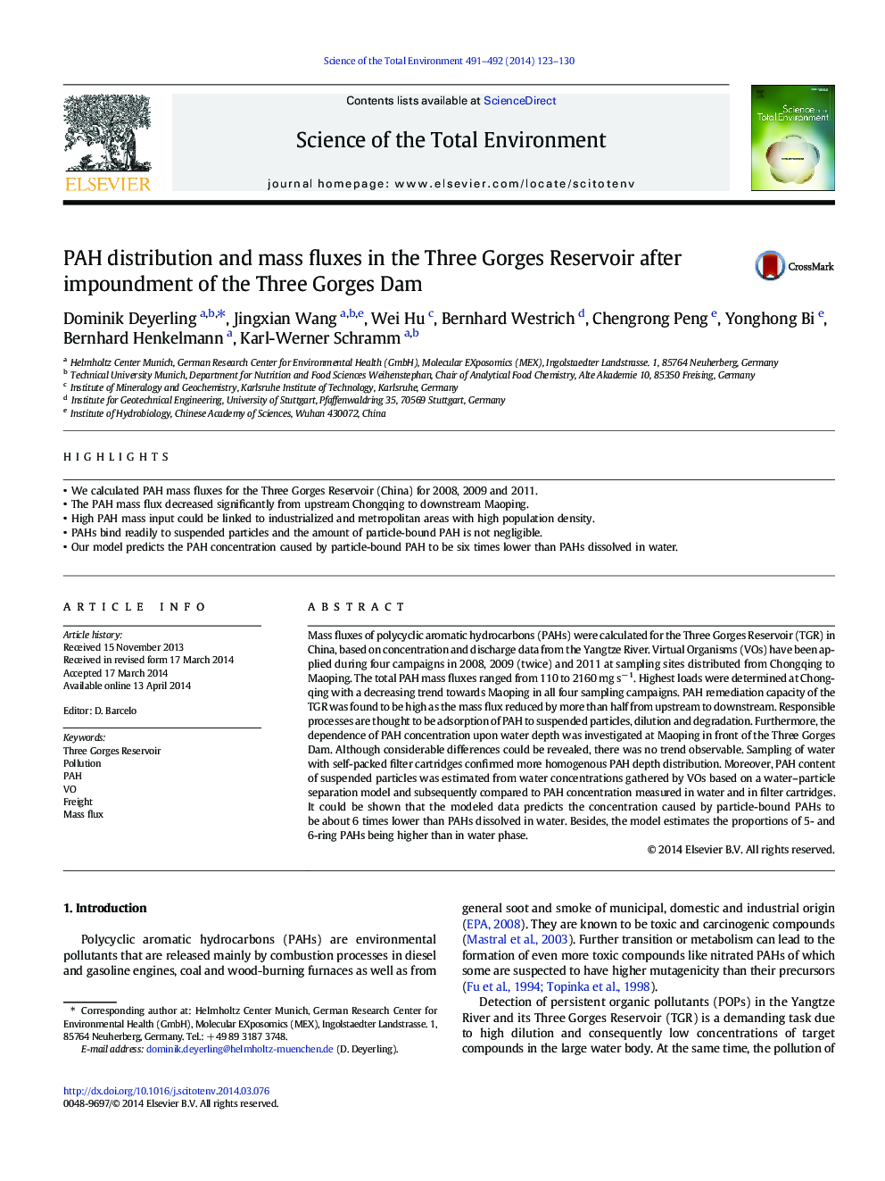 PAH distribution and mass fluxes in the Three Gorges Reservoir after impoundment of the Three Gorges Dam